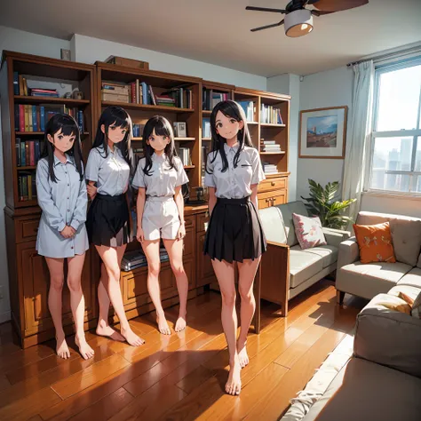 Three Girls,uniform,barefoot,Long Hair, smiling, First Person View,A room in a high-rise apartment,Double-hung windows,A desk and a sofa,One bookshelf,White wall,Hardwood floors,