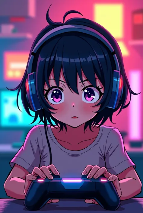 A short haired girl with headphones gamer cartoon