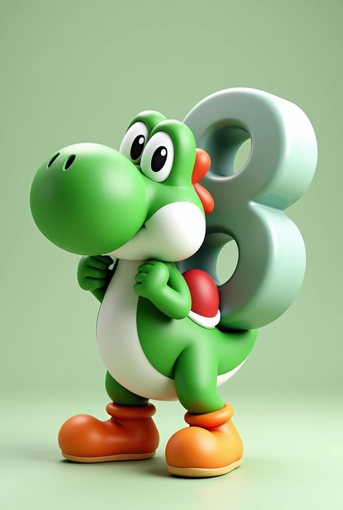 Character Yoshi holding the number 8 which looks very heavy, 3d image
