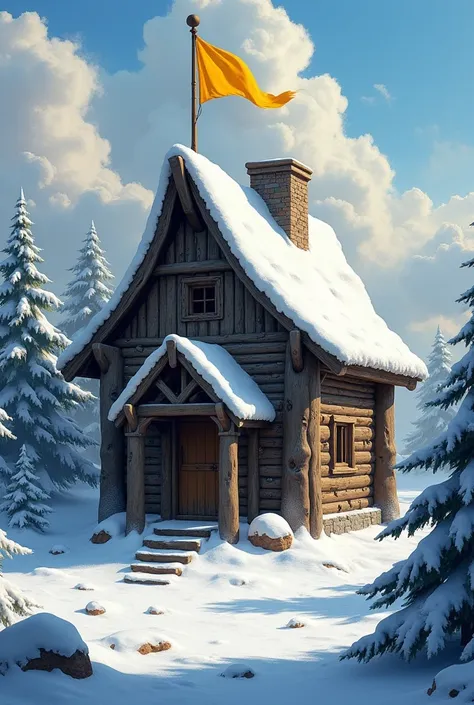 Medieval fantasy snow wooden house with yellow flags