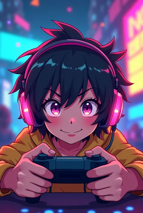 A short haired tomboy girl with headphones gamer cartoon