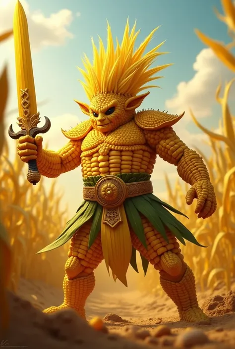 Make me a small avatar image of a corn doll to compete in an avatar battler tournament where they fight corn against corn , puede tener weaponduras, swords, weapon, may be a legendary warrior 