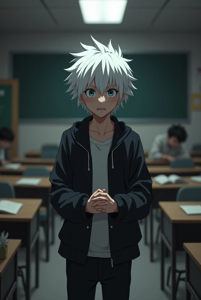 2d anime black and white teenager white hair man in classroom at school scared