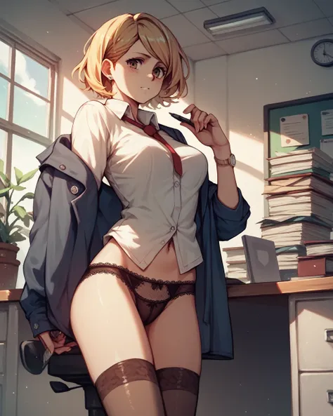 check_9, check_8_up, check_7_up, petra ral, 1 girl, One, short hair, blonde curly hair, Brown eyes, Good, lace panties, stockings, school office
