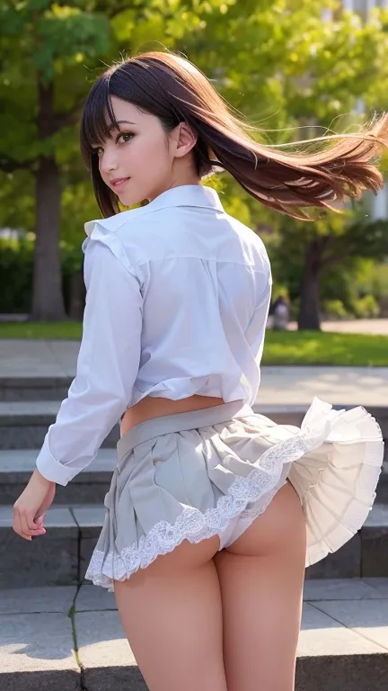 From behind、Back view、(A skirt flipped up by the wind:1.7)、1 high school girl、Sailor shirt、Pleated skirt、White lace panties、A shy smile、Bob Hair、Medium breast、Standing on stone steps in the park、Masterpiece:1.3、Raw photo quality、Highest quality、Highest det...