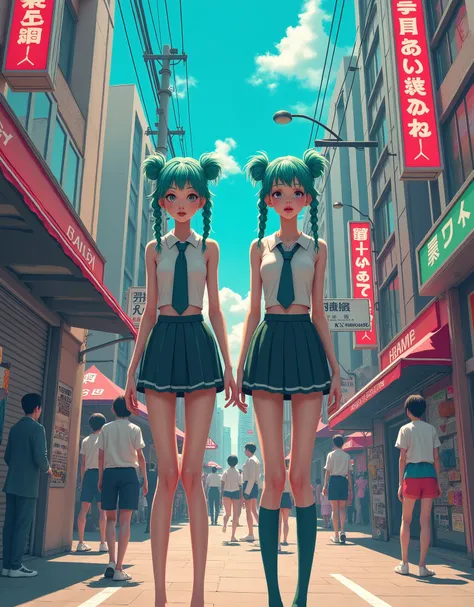 detailed background, colourful, trippy, crowd, mushg4l, trippy, full body shot, front view, (from above:0.9), public indecency, 2womans, skinny, tall, standing_straight, long legs, teal braided bun, (thin:1.3), flat, small_ass, small waist, small chest, yo...