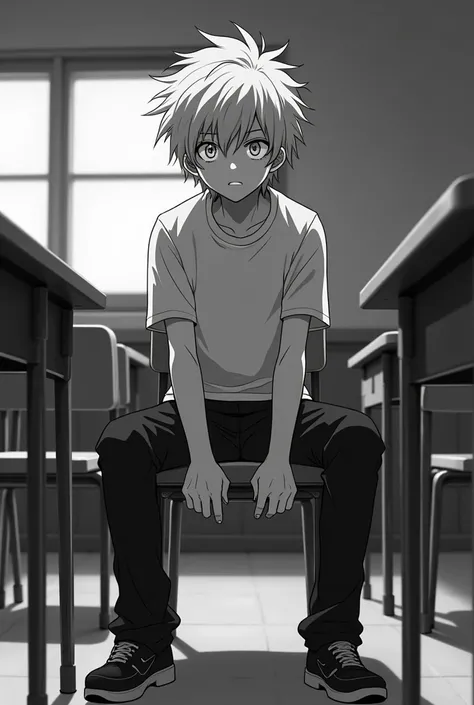 2d anime black and white teenager white hair man in classroom at school scared sitting on chair 