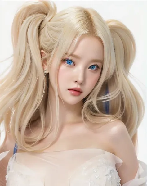 a close up of a woman with long blonde hair and a white dress and blue like eyes, guweiz, guweiz style artwork, oh! glossy skin,...