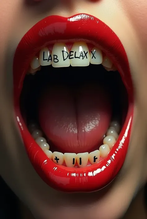 a realistic and very vivid female mouth with red lipstick and teeth showing , with grillz saying &#39;LAB DELAXX"