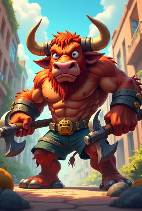 a humanoid bull with axes in his hand cartoon style
