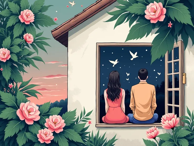 a man and a woman are sitting by the window, open window, view from outside the house, View from the street, flowers around, Birds fly, Line art, bright colors, minimalism