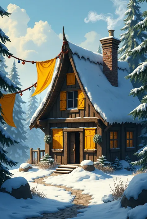 Medieval fantasy snow wooden house with multiple yellow flags