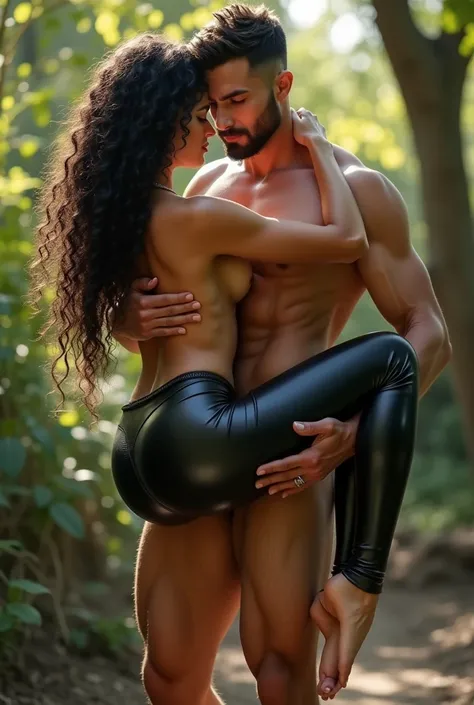 Naked Man carrying a black curly haired topless woman in shiny tight latex leggings daylight real picture 