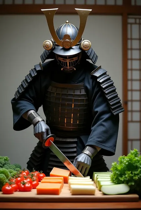 A Japanese samurai is slicing and slicing vegetables