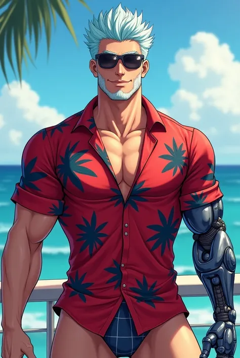 high resolution、Delicate depiction、Realistic、Realistic、8k、male、3、Regent、Sideburns、Light blue hair、Thin sunglasses、Muscular、Both arms are cyborgs、open brests、(((Dark red aloha shirt with palm tree pattern)))、Bust Shot、On the boat、A big smile、(((not animatio...