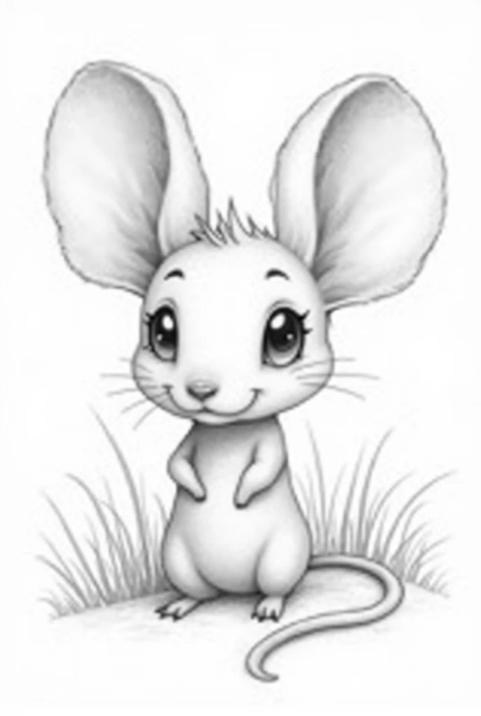 In pencil drawing, A big-eared mouse is depicted in a detailed but soft style. The mouse has a small, rounded body., with fur drawn with delicate strokes to suggest texture. The ears are noticeably large and round., standing out for its size and shape, wit...