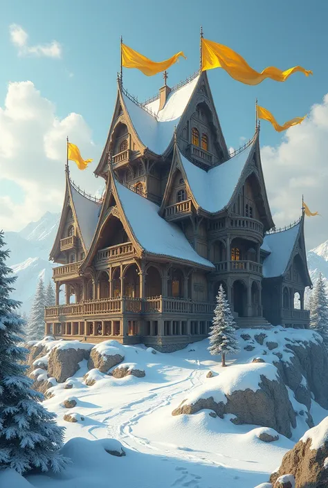 Medieval fantasy big snow wooden house with multiple yellow flags