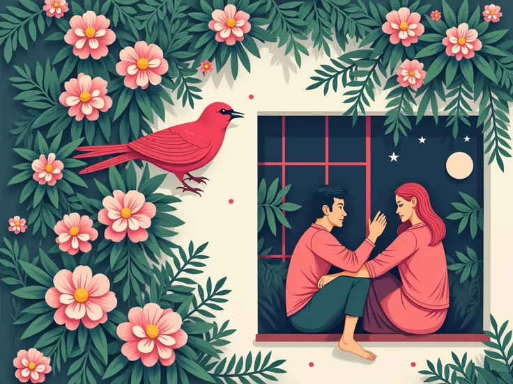 masterpiece, best quality, minimalist line style, Illustration, lineart, line art, simple art, vector art, memphis art style, corporate memphis style, man and woman sitting in the window, bright colors, birds, flowers