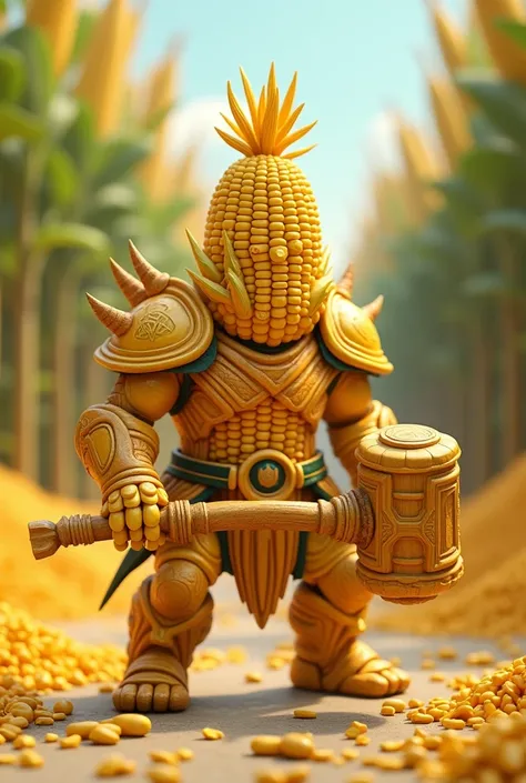 Make me a small avatar image of a corn doll to compete in an avatar battler tournament where they fight corn against corn , It can have 3D type armor and weapons with a lot of imagination, that same image you gave me but with a scary hammer.