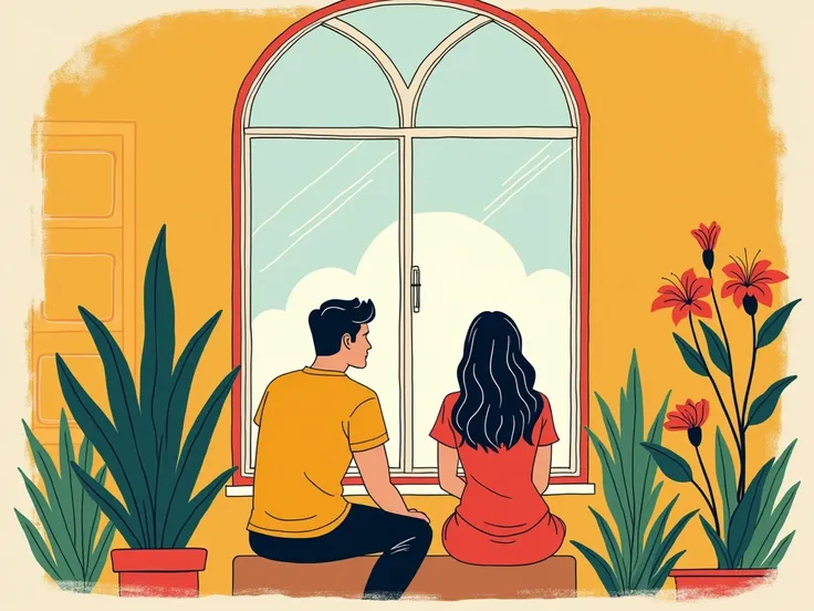 alegria art, masterpiece, best quality, minimalist line style, Illustration, lineart, line art, simple art, vector art, memphis art style, corporate memphis style, man and woman sitting in the window, bright colors, birds, flowers
