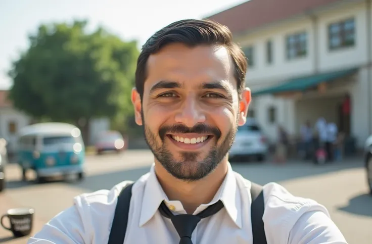 Dark hair and confident smile. He is wearing a black tie and a blazer over a white shirt.. The man wears a watch on his left hand and a red rakhi on his right hand. The sun is shining through the window, the office is busy working on the computer and the m...