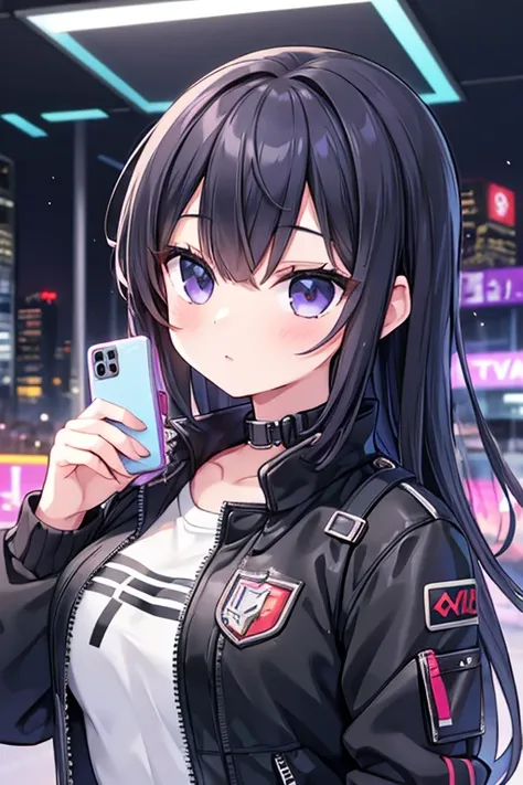 ((Beautiful girl holding a mobile phone in her hand)) 4K  8K:: Realistic::4. Cyberpunk::1 --v 4 --quality 2 food, Jersey,Jacket