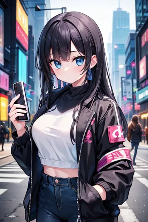 ((Beautiful girl holding a mobile phone in her hand)) 4K  8K:: Realistic::4. Cyberpunk::1 --v 4 --quality 2 food, Jersey,Jacket