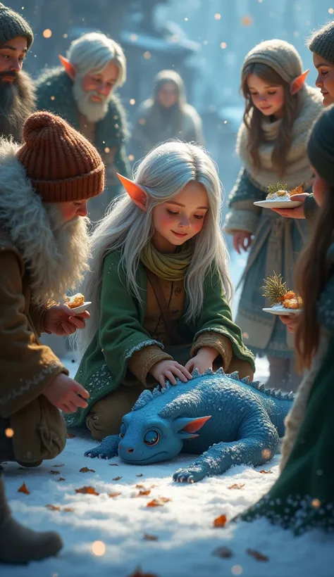 The villagers surround one young female elf with flowing silver hair, wearing warm winter clothing made of green and brown fabrics, and a small, light blue dragon that is dead. The villagers expresses gratitude. They offer food, blankets, and magical herbs...