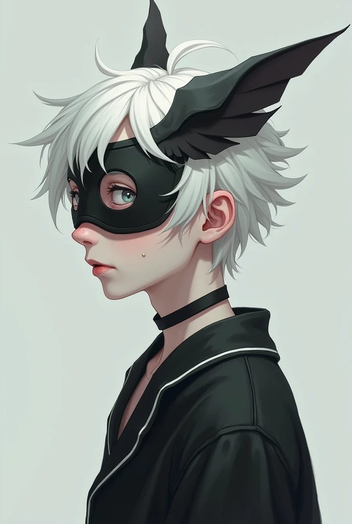 Create a semi-realistic style character as if it were a profile photo with these characteristics:
male gender, 14 years, Pale skin with large dark circles, white hair, medium complexion, not so high, He is wearing loose black pajamas, with a mask on his he...