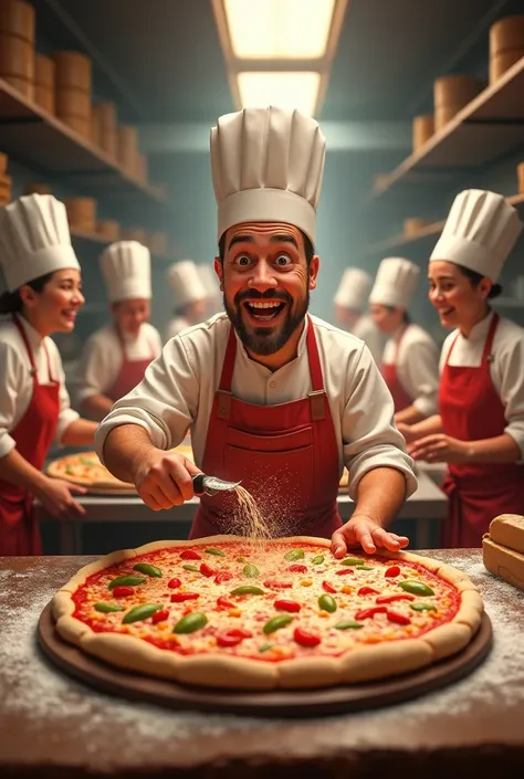 A baker making a pizza with his employees