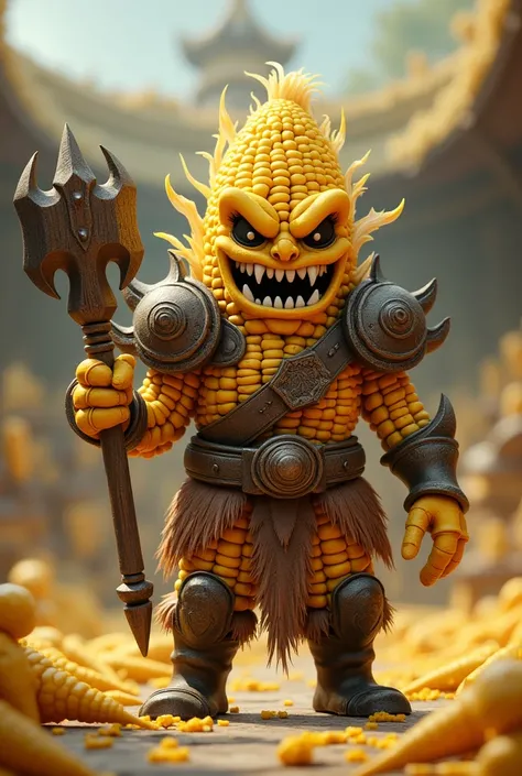 Make me a small avatar image of a corn doll to compete in an avatar battler tournament where they fight corn against corn , It can have 3D type armor and weapons with a lot of imagination, that same image you gave me but with a scary hammer and a bad face.