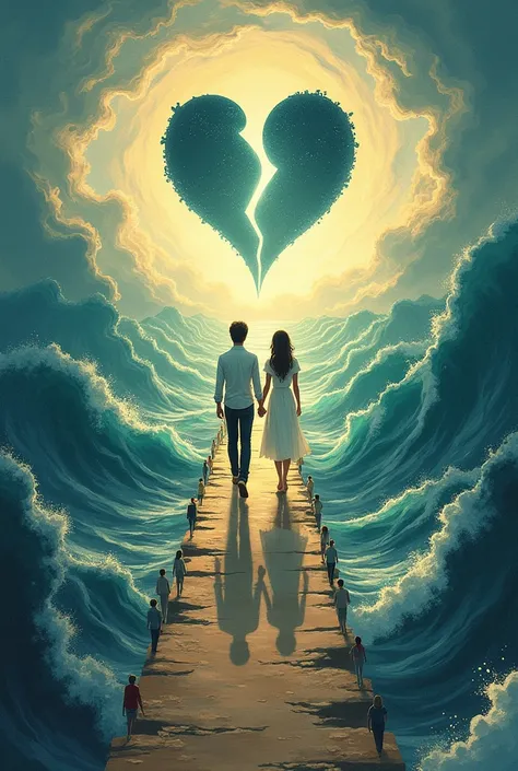 Illustration of a man and a woman holding hands heading towards a heart with a clock divided in half , They are crossing the sea , The sea is divided in two , On either side of the man and the woman there are many people