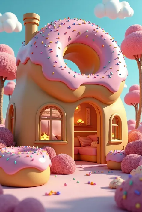 Please take a picture of the donut house and its interior. Please draw it realistically. The living room.、sofa、Even the bath is made from donuts