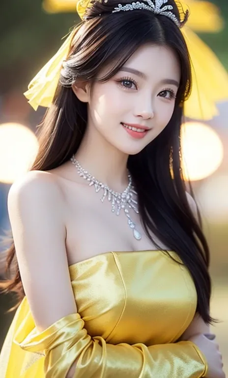 (one cute Chinese Princess, a majestic, wise & gorgeous future queen, super cute ponytail, (extravagant, sparkling, pretty princess costume:1.1), (luxurious giant tiara:1.1), (luxurious giant necklace:1.1), (Yellow Princess costume:1.2), (beautiful yellow ...