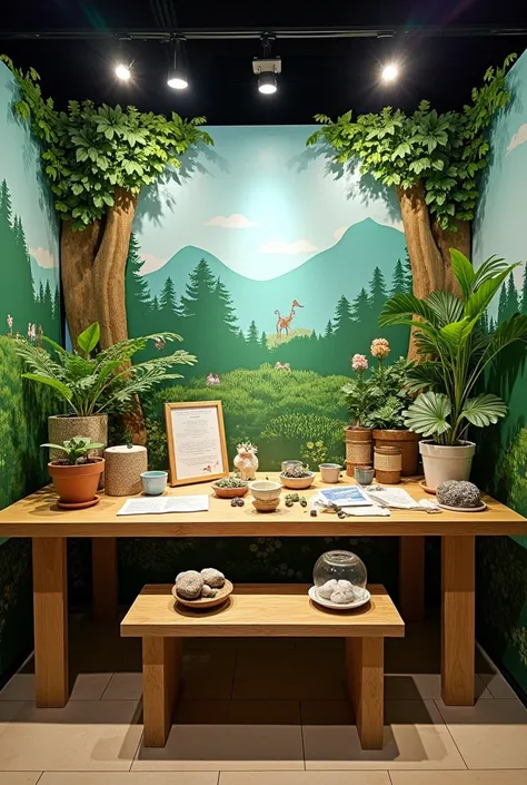 Image about a stand decoration (a decorated table setting) of school on nature tourism for an exhibition with easy objects for students