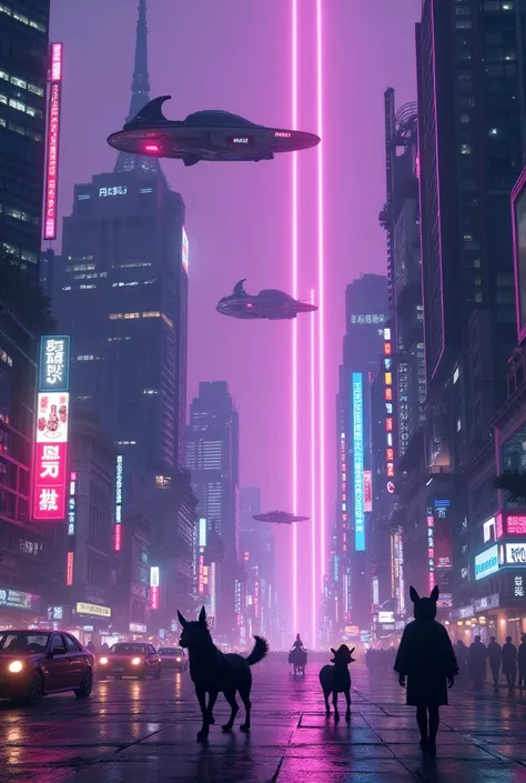 a futuristic city, the night, em tokyo, with spaceships, with purple tones, with supernatural animals 