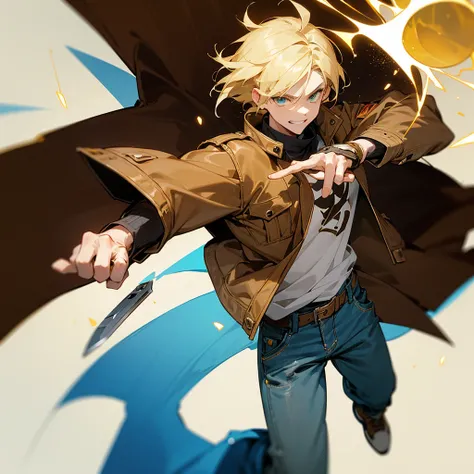 short hair, blond hair, Love, necessary, The best quality, anime, masculine,  straight hair, smile, presumed, simple background, Brown cropped leather jacket with blue polar fur on the hood, baggy jeans, brown sneakers, Yellow energy knife in one of his ha...