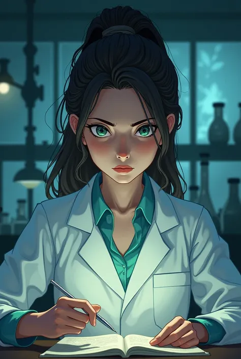 Generate a scientific clue in a letter, Let the background be Mysterious in a laboratory,That the scientist is as worried, that focuses on just her, Let it be pretty and let the face be seen and be straight