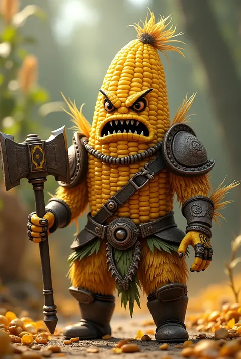 Make me a small avatar image of a corn doll to compete in an avatar battler tournament where they fight corn against corn , It can have 3D type armor and weapons with a lot of imagination, that same image you gave me but with a scary hammer and a bad face.