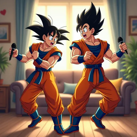 Goku and Vegeta dancing in the living room with their microphone in their hands