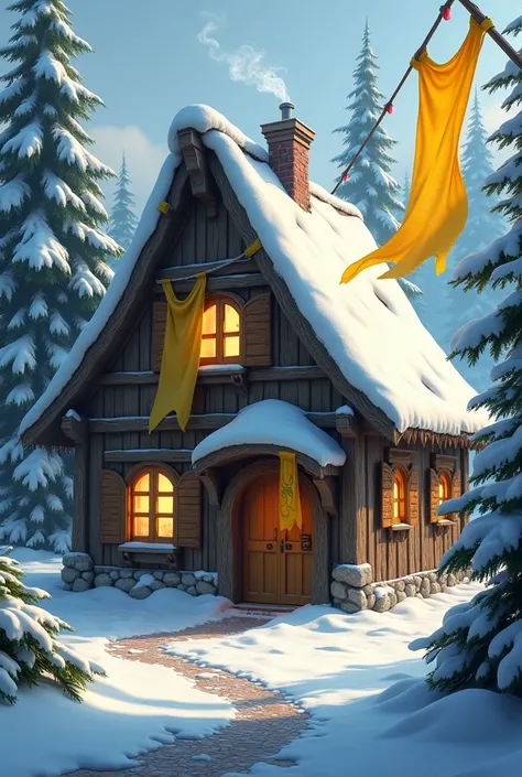 Medieval fantasy snow wooden house with multiple yellow flags