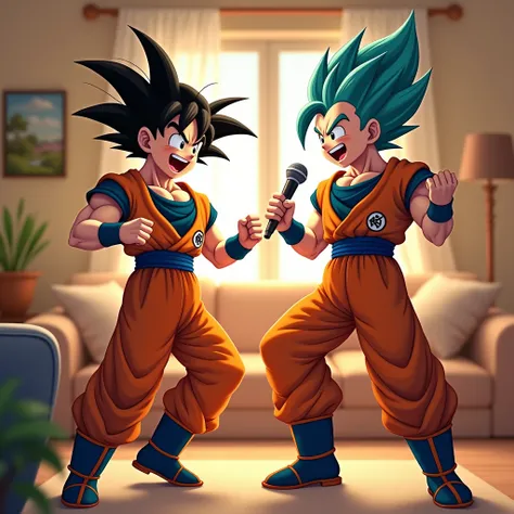 Goku and Vegeta dancing in the living room with their microphone in their hands