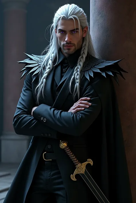 Create a powerful and beautiful prince of hell with lilac eyes and long white hair with some braids, Put him in a black suit with leaf-shaped shoulder pads that fall over his arms and a black cape and a golden sword on his hip.. That he is leaning against ...