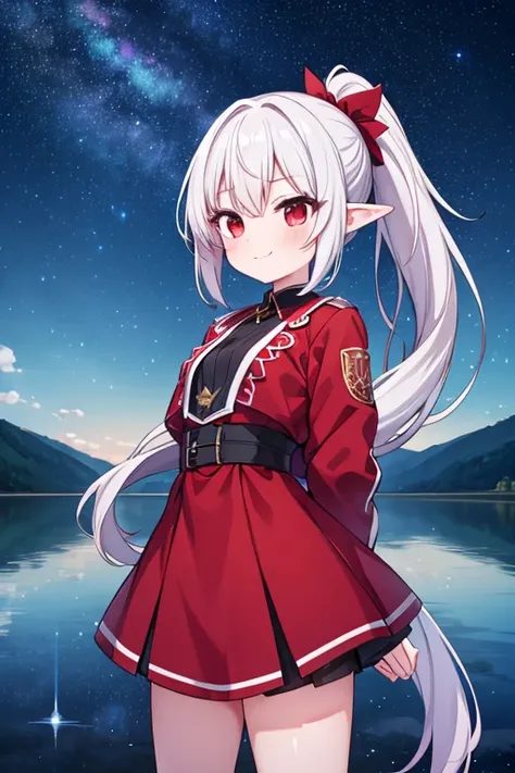 Break Bloodfallen, Break costume, ponytail, Outdoor, (night, Starry Sky:1.2), masterpiece, Put your arms behind your back, Highest quality, One girl, whole body, Mouth closed, lake, reflection, Outdoor, formula wallpaper,smile, Mischievous, Ears are red, 