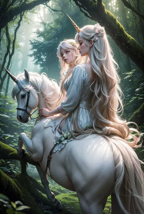 A beautiful anime-style girl riding a majestic unicorn through a mystical forest. The girl has long, flowing hair that cascades down her back, adorned with delicate flowers and leaves, blending with the enchanting environment. She wears an elegant, etherea...