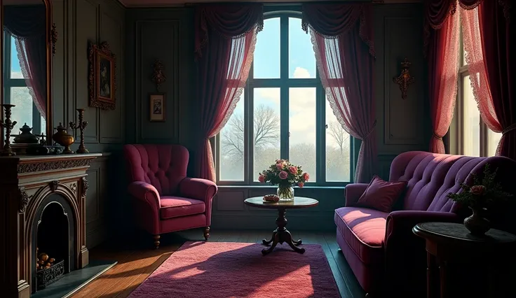 room with lace curtains, elegant, a mirror in the sky, bdsm, without people