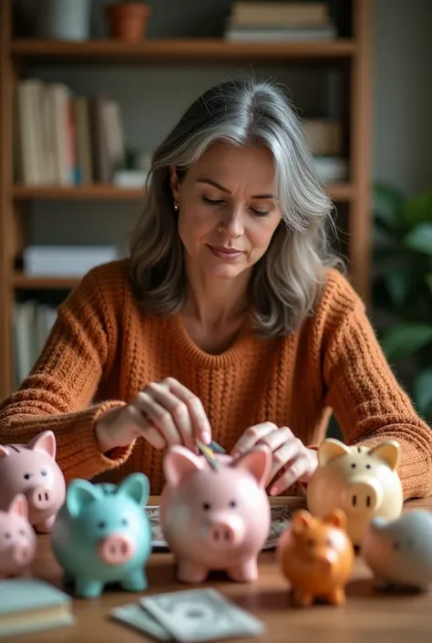 A 30-year-old woman saving in different piggy banks 