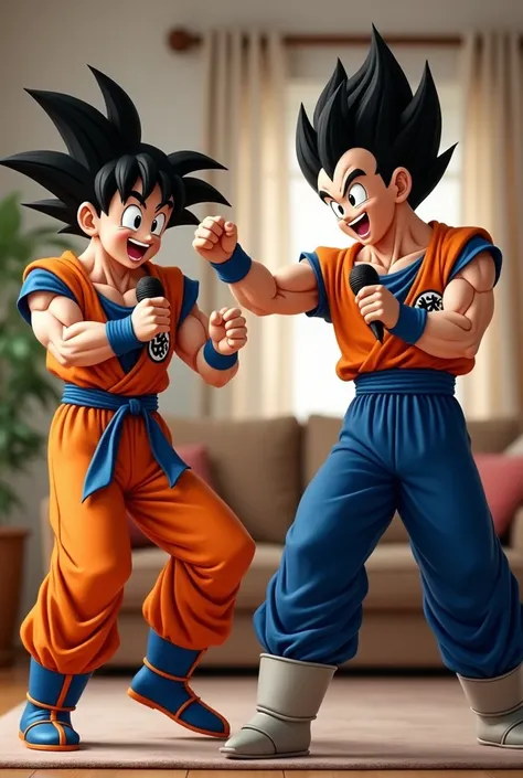 Goku and Vegeta dancing in the living room with their microphone in their hands