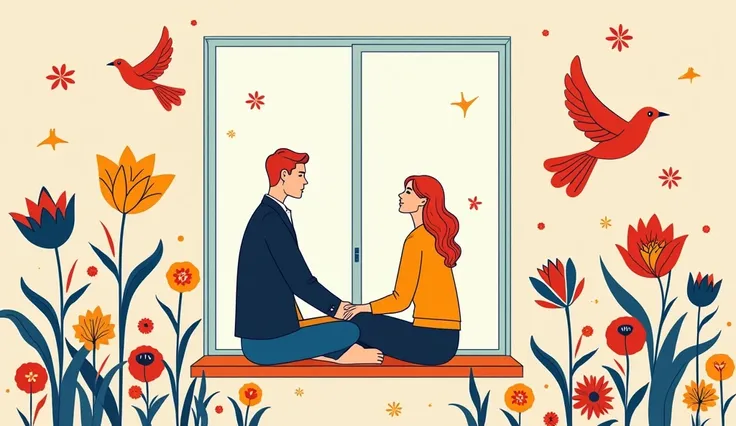 alegria art, masterpiece, best quality, minimalist line style, Illustration, lineart, line art, simple art, vector art, memphis art style, corporate memphis style, man and woman sitting in the window, bright colors, birds, flowers
