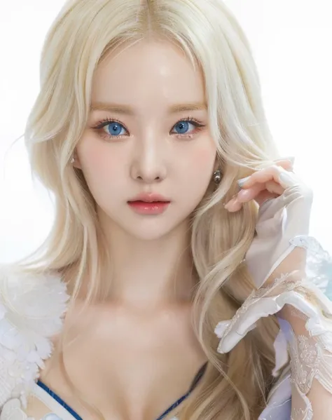 a close up of a woman with long blonde hair and gloves and blue like eyes, kawaii realist portrait, guweiz style artwork, ig mod...